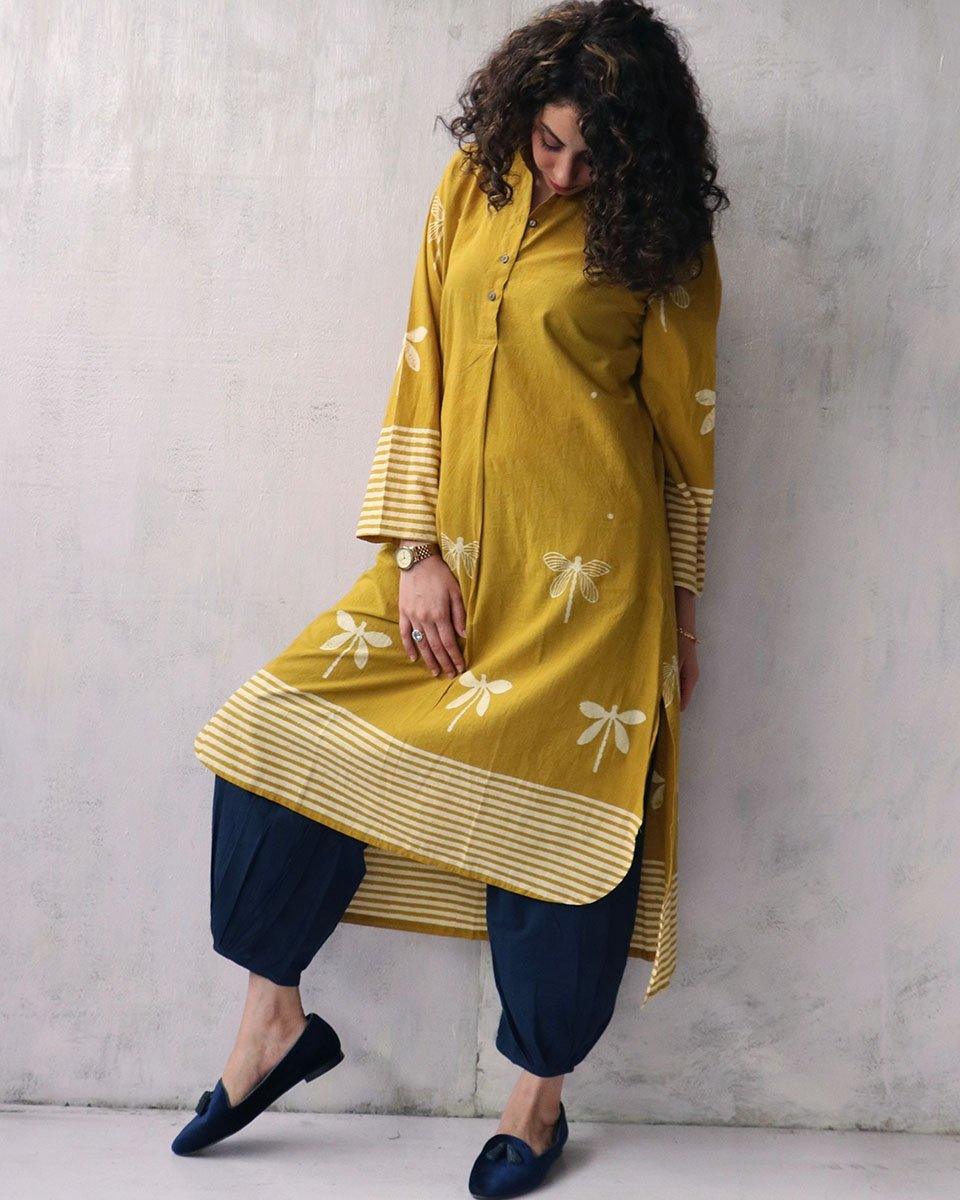 Yellow Blockprinted Cotton Kurti And Bottoms Set Of 2 - Image 5