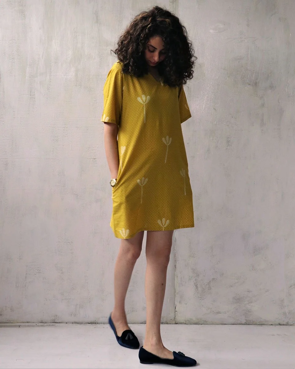 Yellow Blockprinted Cotton Shift Dress - Image 2