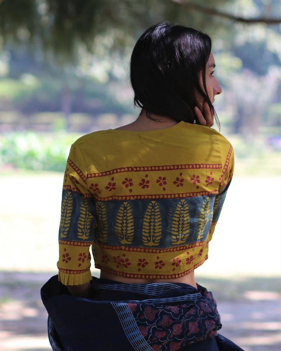 Yellow Blockprinted Crop Top Blouse - Image 4