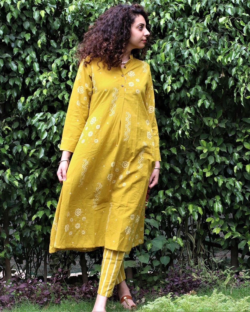 Yellow Block printed Kurti & Bottom (Set Of 2)