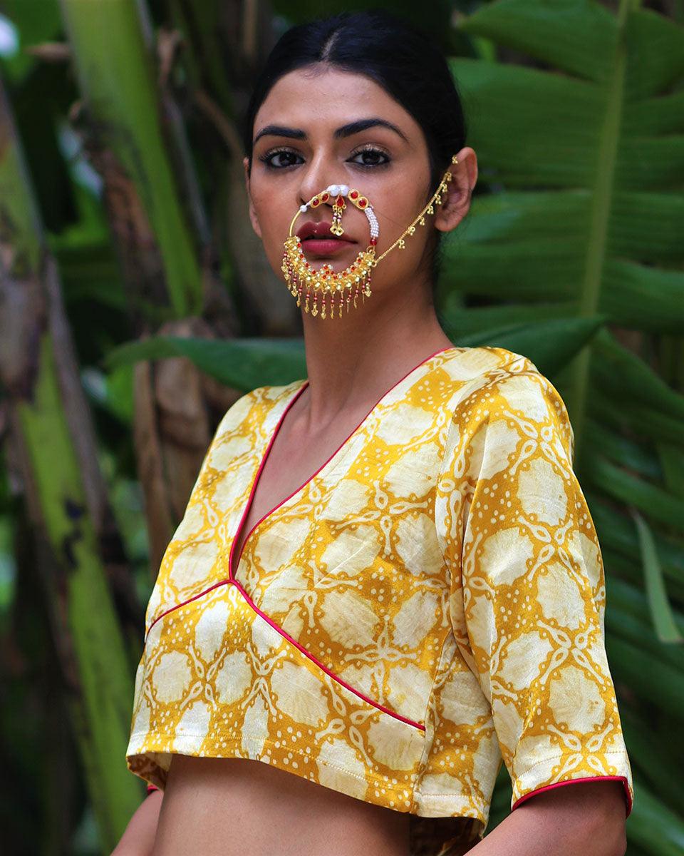 Yellow Blockprinted Mashru Silk Blouse-Chand Se - Image 2