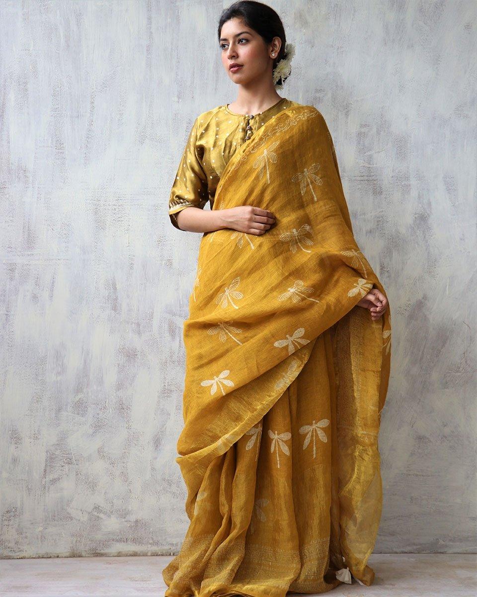 Yellow Blockprinted Handwoven Linen Zari Saree - Anant - Image 2