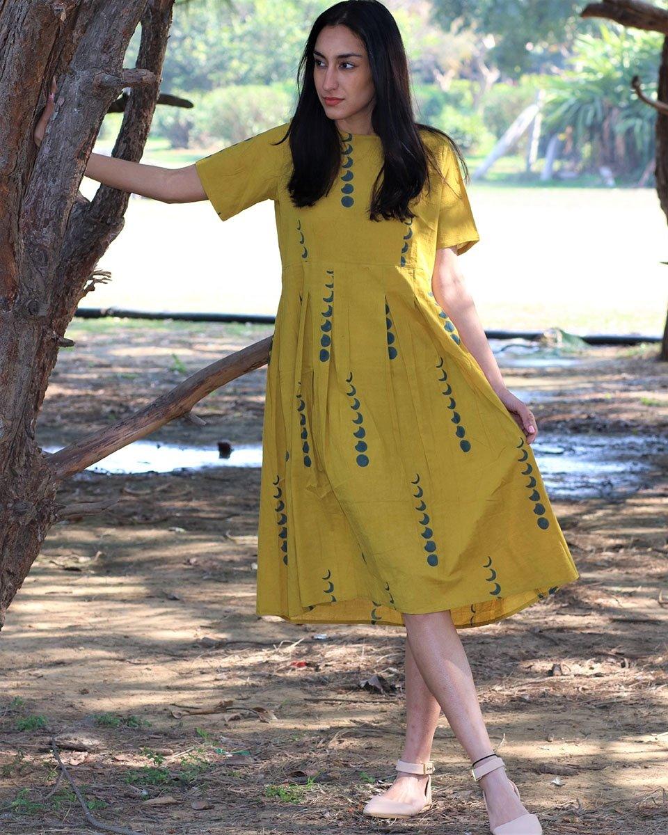 Yellow Eclipse Blockprinted Cotton Pleated Dress - Image 4