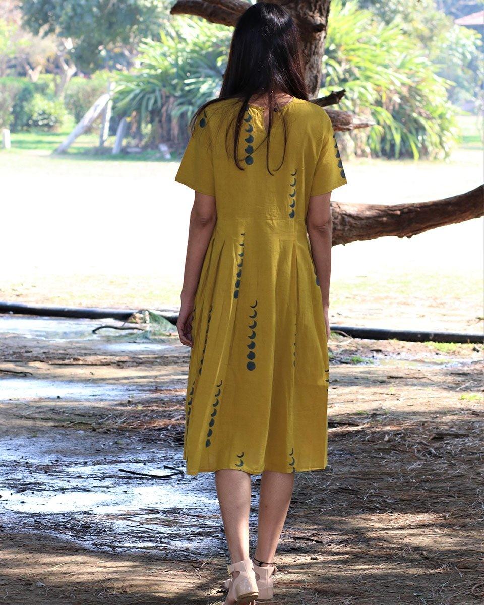 Yellow Eclipse Blockprinted Cotton Pleated Dress - Image 5