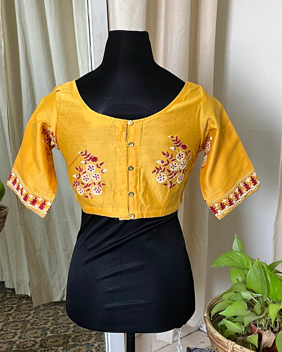Yellow Handblock Printed Chanderi Silk Blouse - Love Despite - Image 3