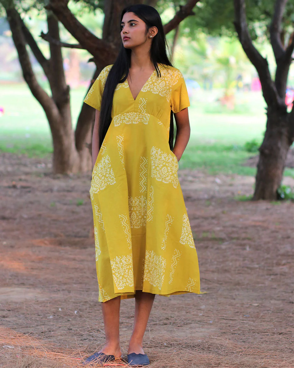 Yellow Handprinted Pure Cotton Dress-Slow - Image 2