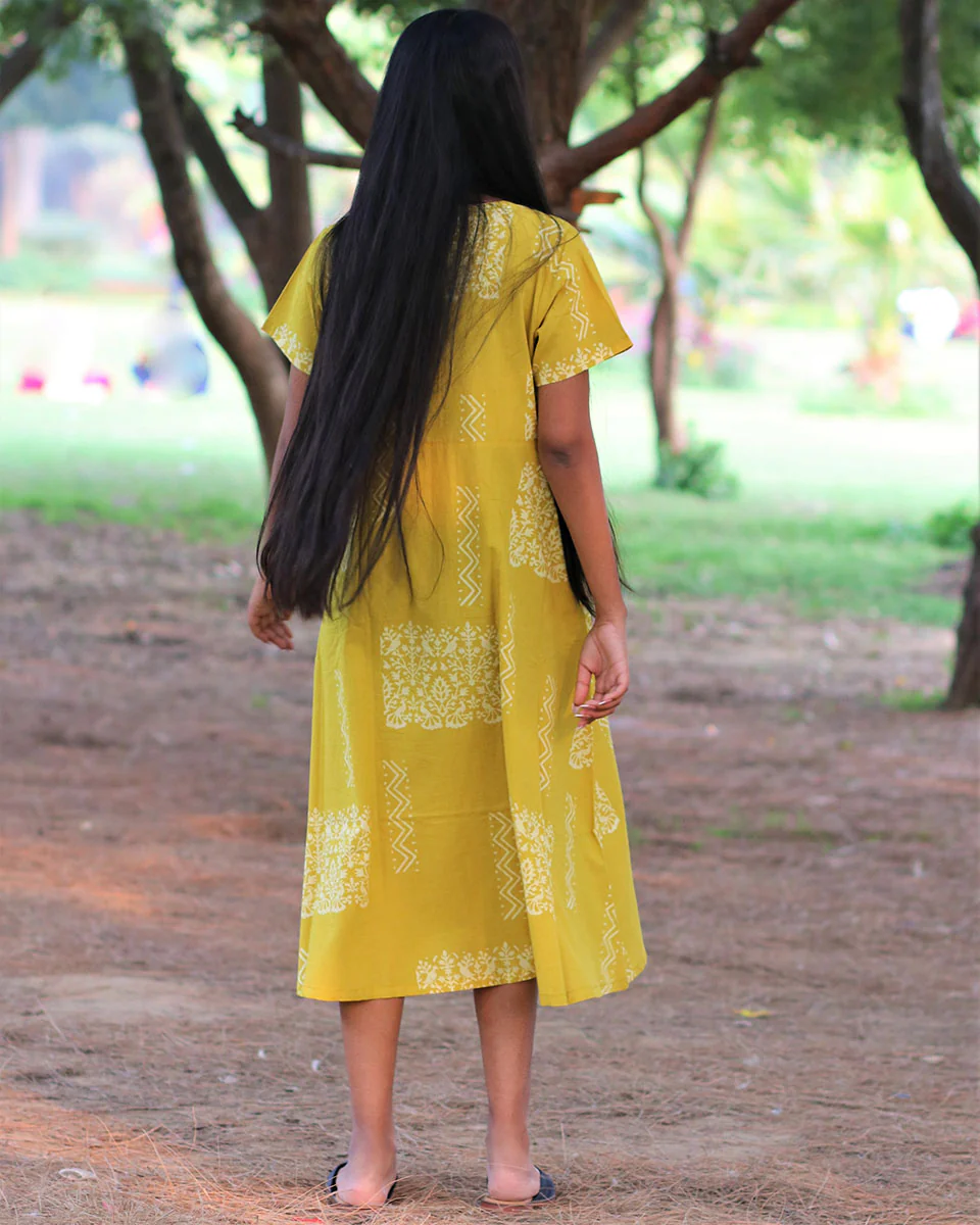 Yellow Handprinted Pure Cotton Dress-Slow - Image 4