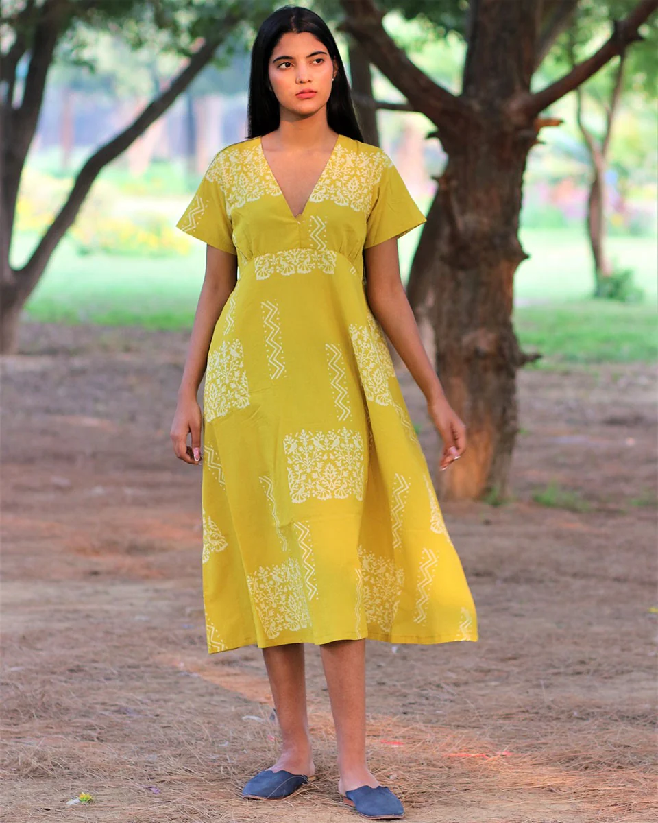 Yellow Handprinted Pure Cotton Dress-Slow - Image 7