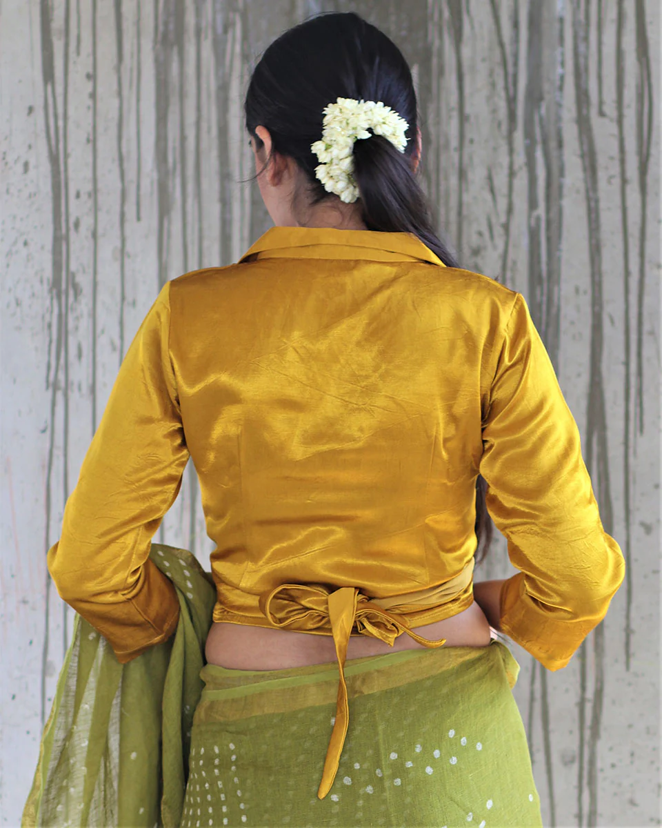 Yellow Tieup Mashru Silk Blouse- Manjari - Image 3