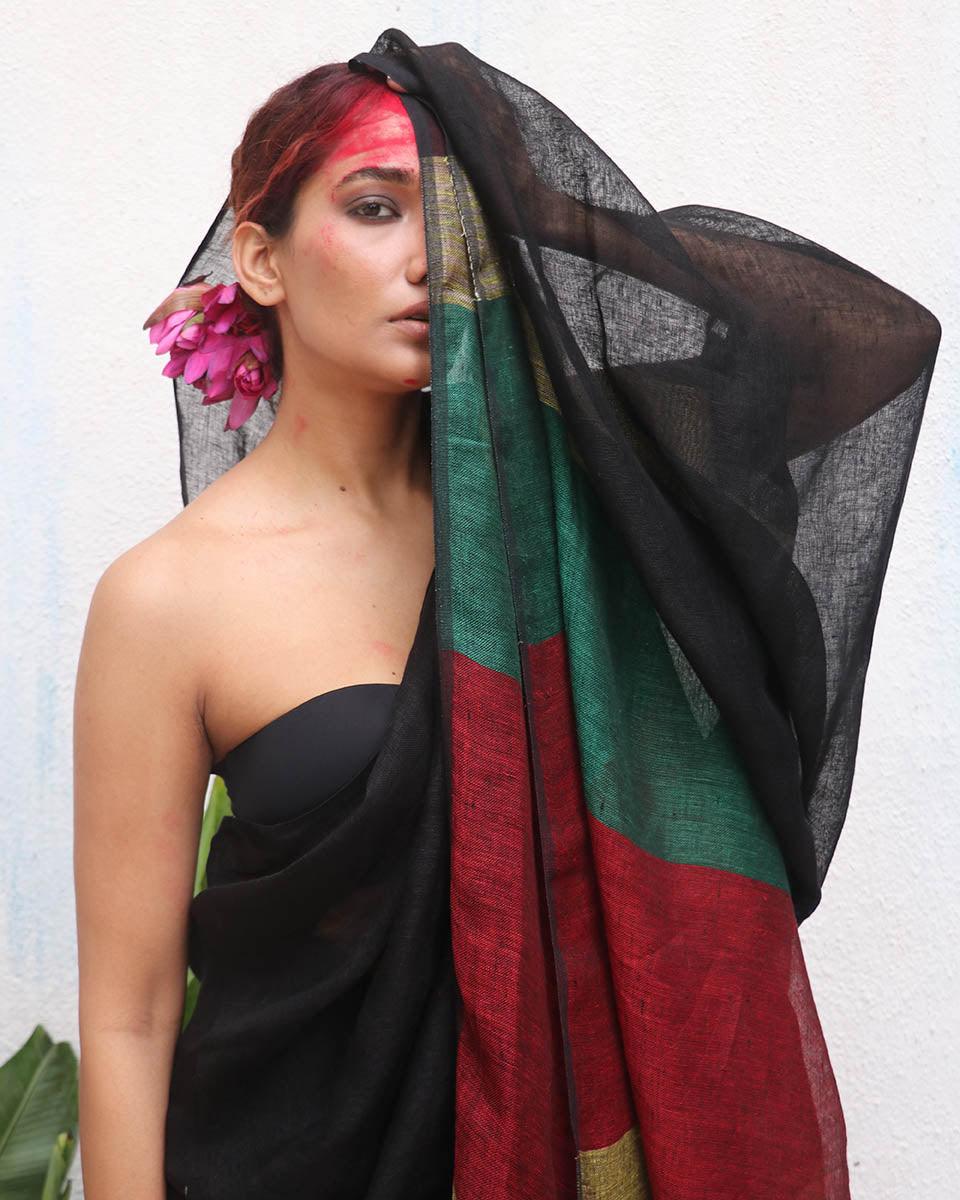 Yogini Black Handwoven Linen Saree - Kaali - Image 7