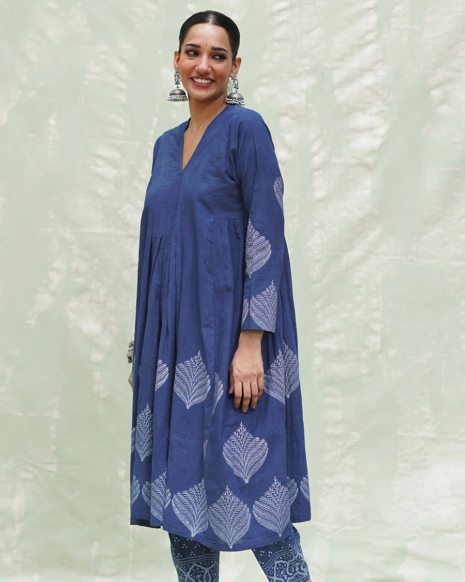 Zeelaf Blue Handblock Print Cotton Kurti- INDI - Image 5