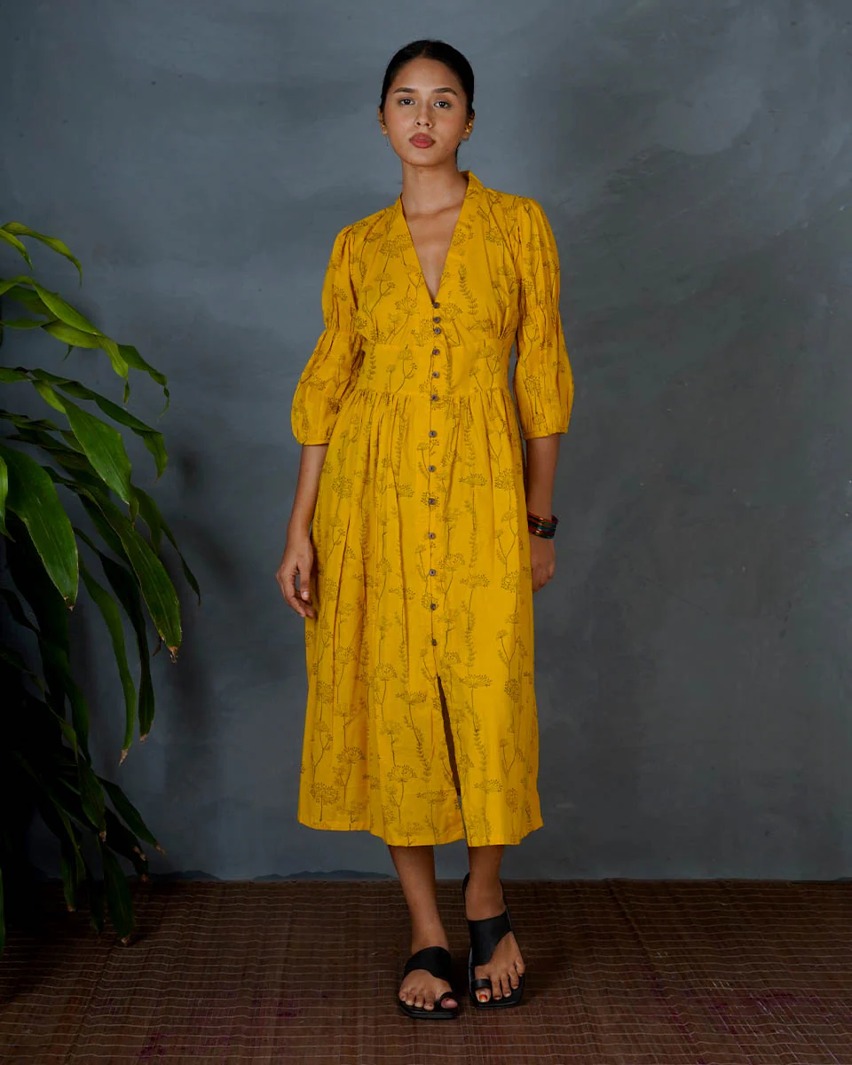 Ziya Yellow Hand Block Printed Cotton Dress-MYA