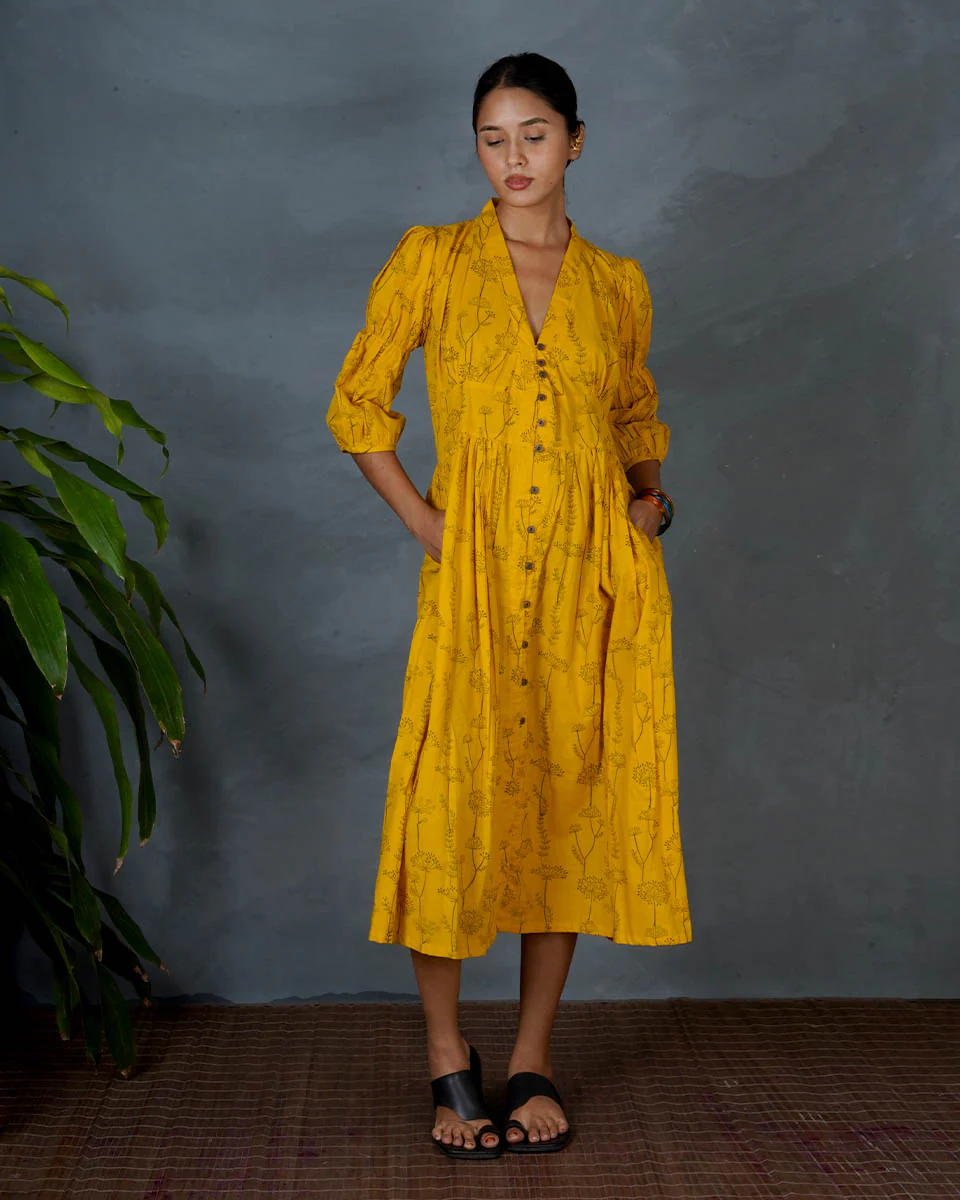 Ziya Yellow Hand Block Printed Cotton Dress-MYA - Image 2