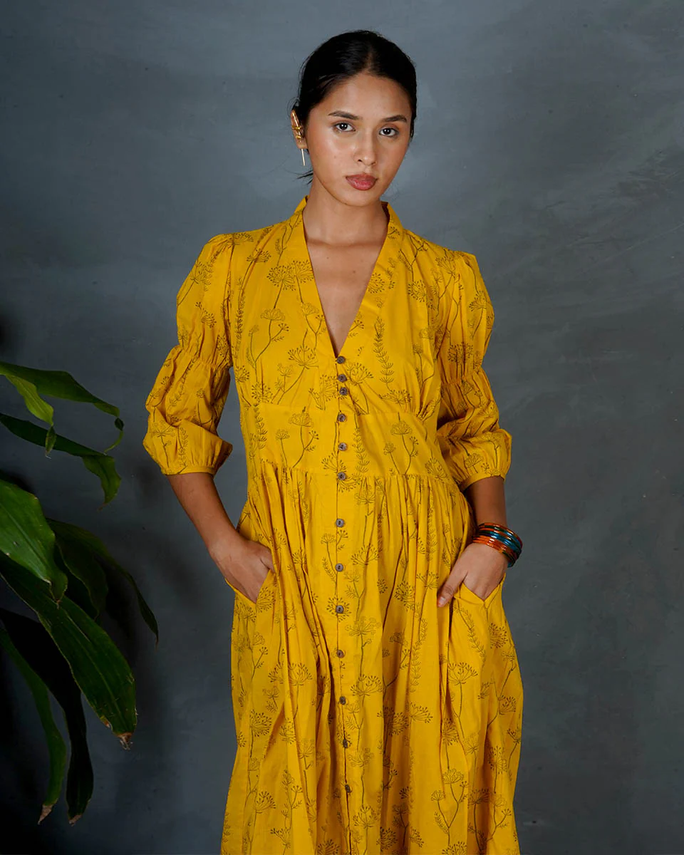 Ziya Yellow Hand Block Printed Cotton Dress-MYA - Image 4