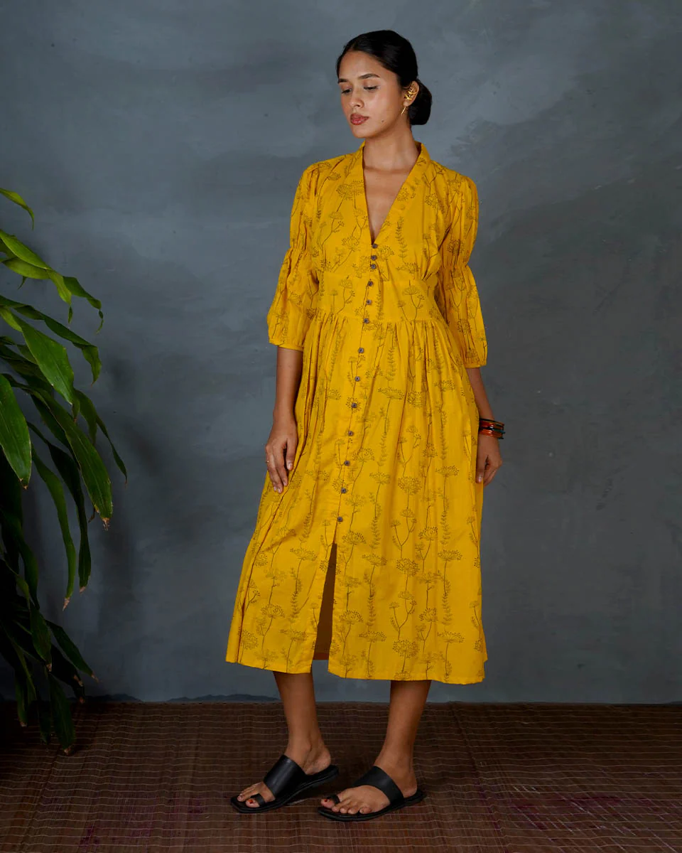 Ziya Yellow Hand Block Printed Cotton Dress-MYA - Image 9
